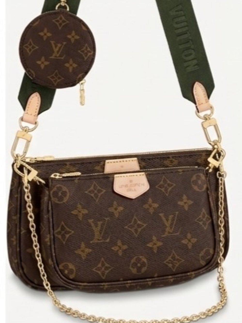 Louis Vuitton Brown Monogram Multi-Pouch Crossbody with Green Strap